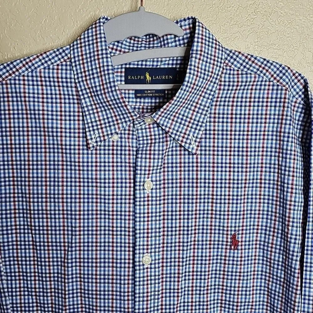 Ralph Lauren Polo Slim Fit Blue Red Plaid Casual Button Down Shirt Long Sleeve L